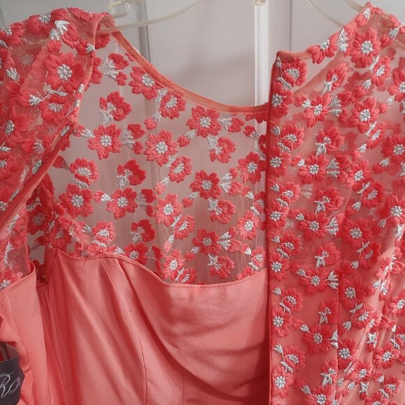 Lela Rose Modest Coral Pink Holly Floral Embroidered Dress - Picture 5 of 8